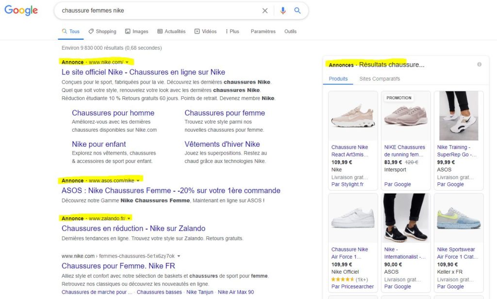 Publicité Google Ads montrant des annonces de chaussures pour femmes.